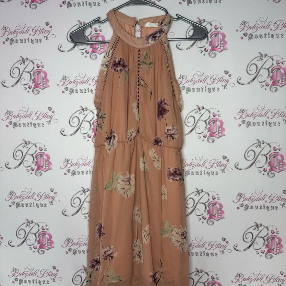 Sienna sky dress tan floral crochet boho long maxi leg slit on one side sexy - Picture 11 of 13